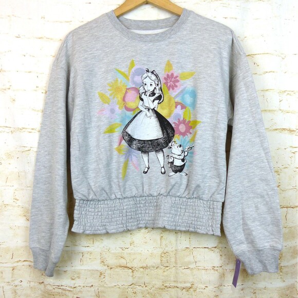 Disney Alice in Wonderland Sweatshirt Women L Gray Floral Graphic Crew Pullover - Picture 1 of 8